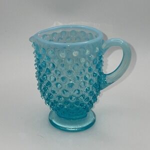 Fenton Turquoise Opalescent Hobnail Glass Mini Creamer Pitcher Vintage 3.5 Inch